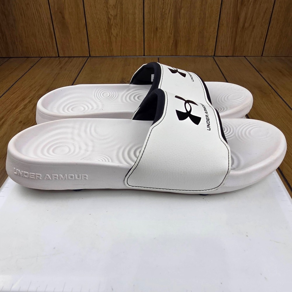 Under Armour Ansa Fixed Slides Mens 9 White Black Athletic Sandals 3027219-100